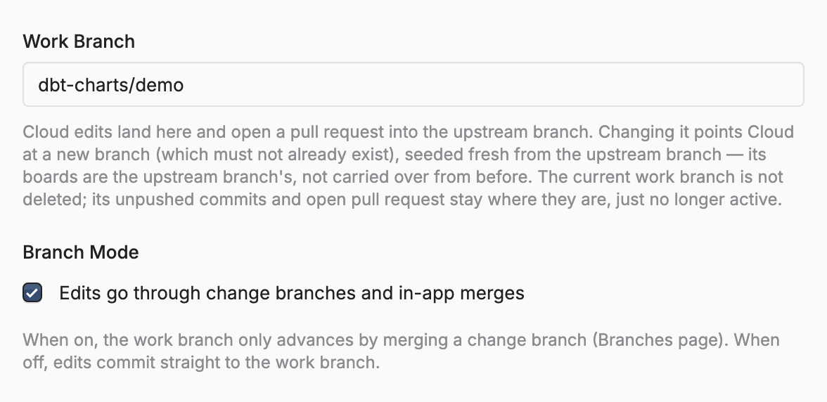 The Work Branch and Branch Mode fields in the git connection editor, with branch mode turned on