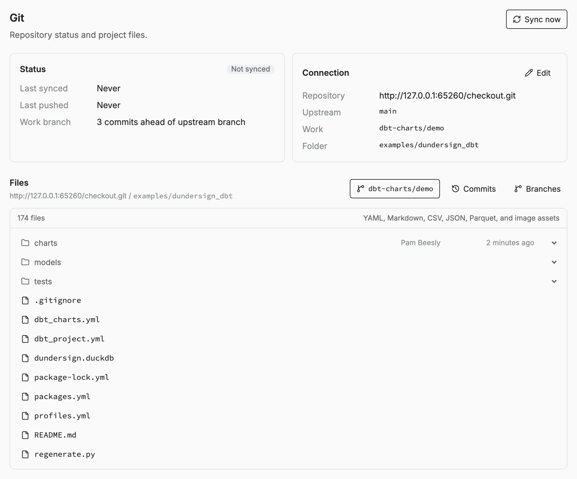 The Git settings screen: sync status, connection details, and the file browser