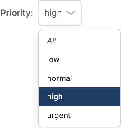 The Priority select control and its open option menu, offering an italic All row above low, normal, high, and urgent