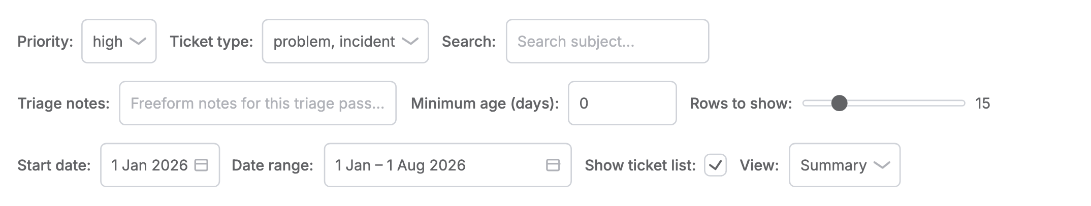 A variables strip with one control of every documented input type: select, multiselect, text, textarea, number, slider, datepicker, daterange, checkbox, and radio