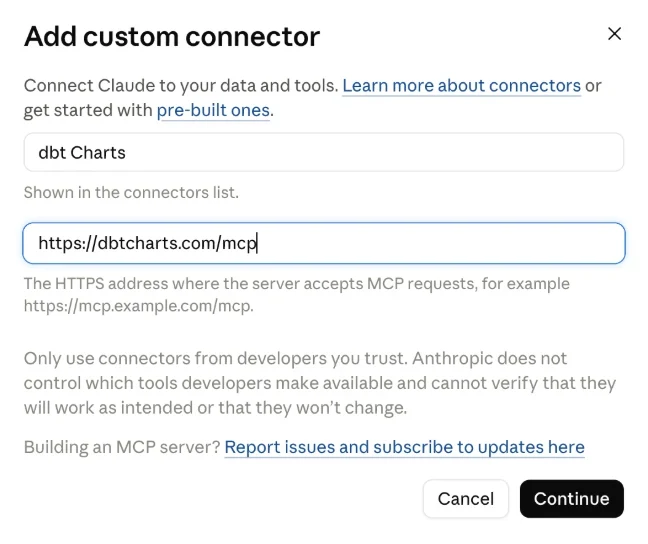 Claude's Add custom connector dialog, named dbt Charts, with https://dbtcharts.com/mcp as the server URL